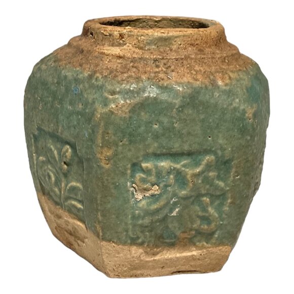 Qing Dynasty Ginger Pot Jar Vase Glazed Earthenware Green c1900 Floral Design Sh - Picture 7 of 7